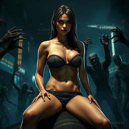 A busty woman resembling Jill Valentine is portrayed in a strapless bikini that emphasizes her big breasts and prominent cleavage, paired with a small panty
