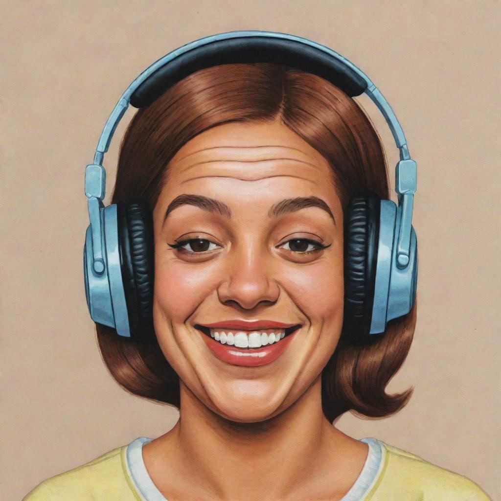 Create three individual illustrated portraits of fat, mixed-race, laughing disc jockey girls with headphones, depicted in the unique style of Daniel Clowes