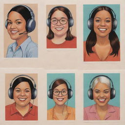 Create three individual illustrated portraits of fat, mixed-race, laughing disc jockey girls with headphones, depicted in the unique style of Daniel Clowes