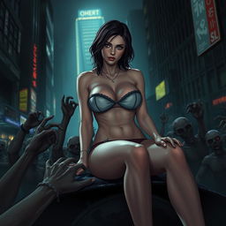 A busty woman resembling Jill Valentine is illustrated in a strapless bikini that highlights her big breasts and cleavage, complemented by a small panty