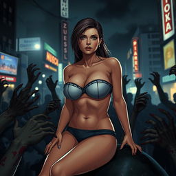 A busty woman resembling Jill Valentine is illustrated in a strapless bikini that highlights her big breasts and cleavage, complemented by a small panty