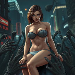 A busty woman resembling Jill Valentine is illustrated in a strapless bikini that highlights her big breasts and cleavage, complemented by a small panty