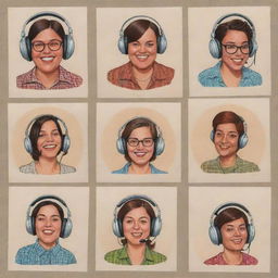 Create three individual illustrated portraits of fat, mixed-race, laughing disc jockey girls with headphones, depicted in the unique style of Daniel Clowes