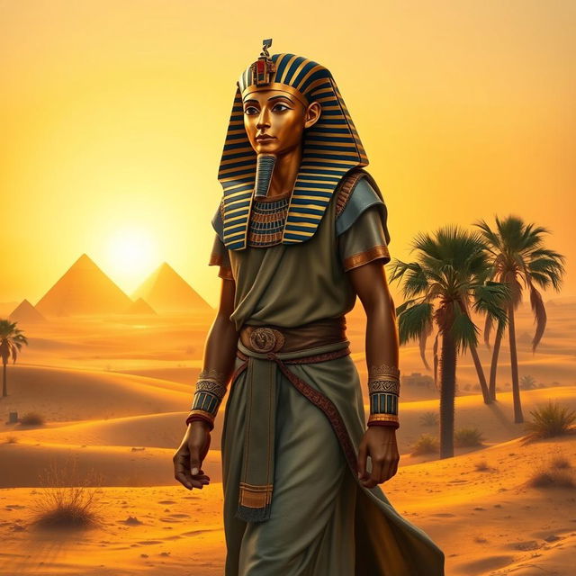 A realistic depiction of Tutankhamun walking confidently through an ancient Egyptian landscape