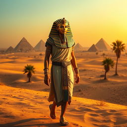 A realistic depiction of Tutankhamun walking confidently through an ancient Egyptian landscape