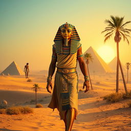 A realistic depiction of Tutankhamun walking confidently through an ancient Egyptian landscape
