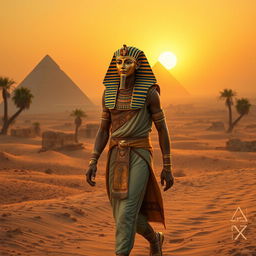 A realistic depiction of Tutankhamun walking confidently through an ancient Egyptian landscape