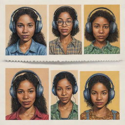 Generate three individual illustrated portraits of mixed-race girls wearing headphones, drawn in the iconic style of Robert Crumb