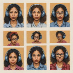 Generate three individual illustrated portraits of mixed-race girls wearing headphones, drawn in the iconic style of Robert Crumb