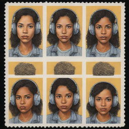 Generate three individual illustrated portraits of mixed-race girls wearing headphones, drawn in the iconic style of Robert Crumb