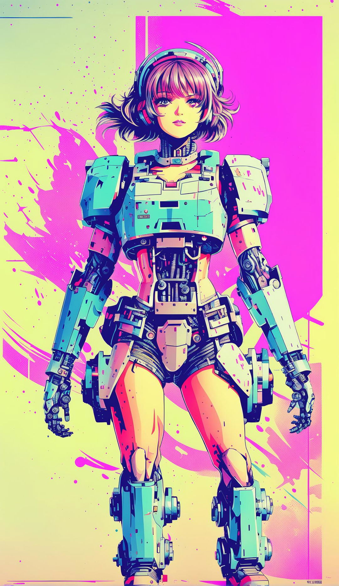 Variations of a detailed mecha girl poster with a bright pastel background, enhanced with a retro grainy filter.