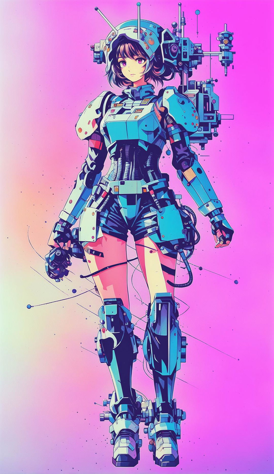 Additional variations of a detailed mecha girl poster with a bright pastel background, all under a retro grainy filter.