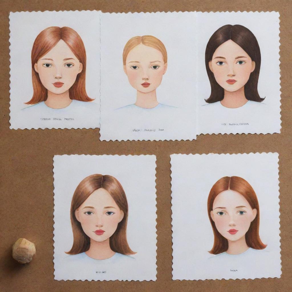 Produce three individual illustrated portraits of girls, in the whimsical, minimalist style of Pierre Le-Tan