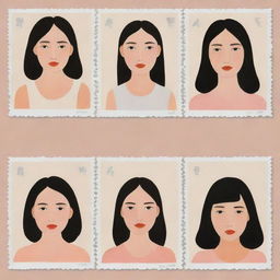 Produce three individual illustrated portraits of girls, in the whimsical, minimalist style of Pierre Le-Tan