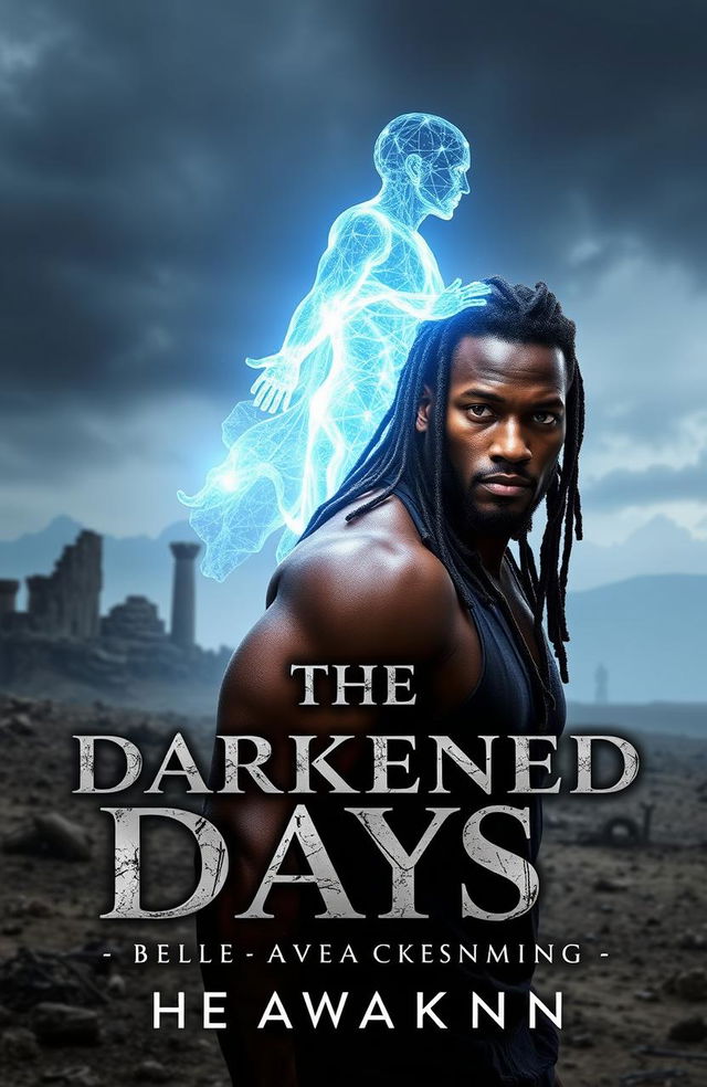 A cover for 'The Darkened Days: Book 1 – The Awakening' featuring Mack, a rugged and lean mixed-race man in his 30s, with long locs partially covering his face, standing in a desolate landscape