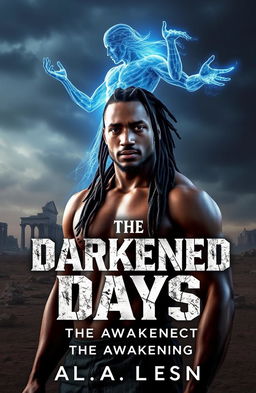 A cover for 'The Darkened Days: Book 1 – The Awakening' featuring Mack, a rugged and lean mixed-race man in his 30s, with long locs partially covering his face, standing in a desolate landscape