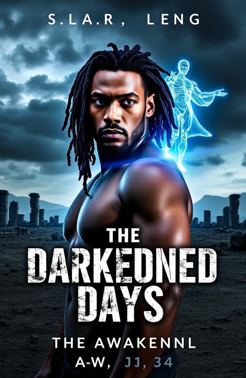 A cover for 'The Darkened Days: Book 1 – The Awakening' featuring Mack, a rugged and lean mixed-race man in his 30s, with long locs partially covering his face, standing in a desolate landscape