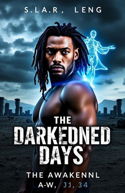 A cover for 'The Darkened Days: Book 1 – The Awakening' featuring Mack, a rugged and lean mixed-race man in his 30s, with long locs partially covering his face, standing in a desolate landscape