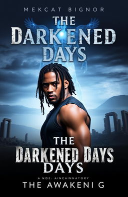 A cover for 'The Darkened Days: Book 1 – The Awakening' featuring Mack, a rugged and lean mixed-race man in his 30s, with long locs partially covering his face, standing in a desolate landscape