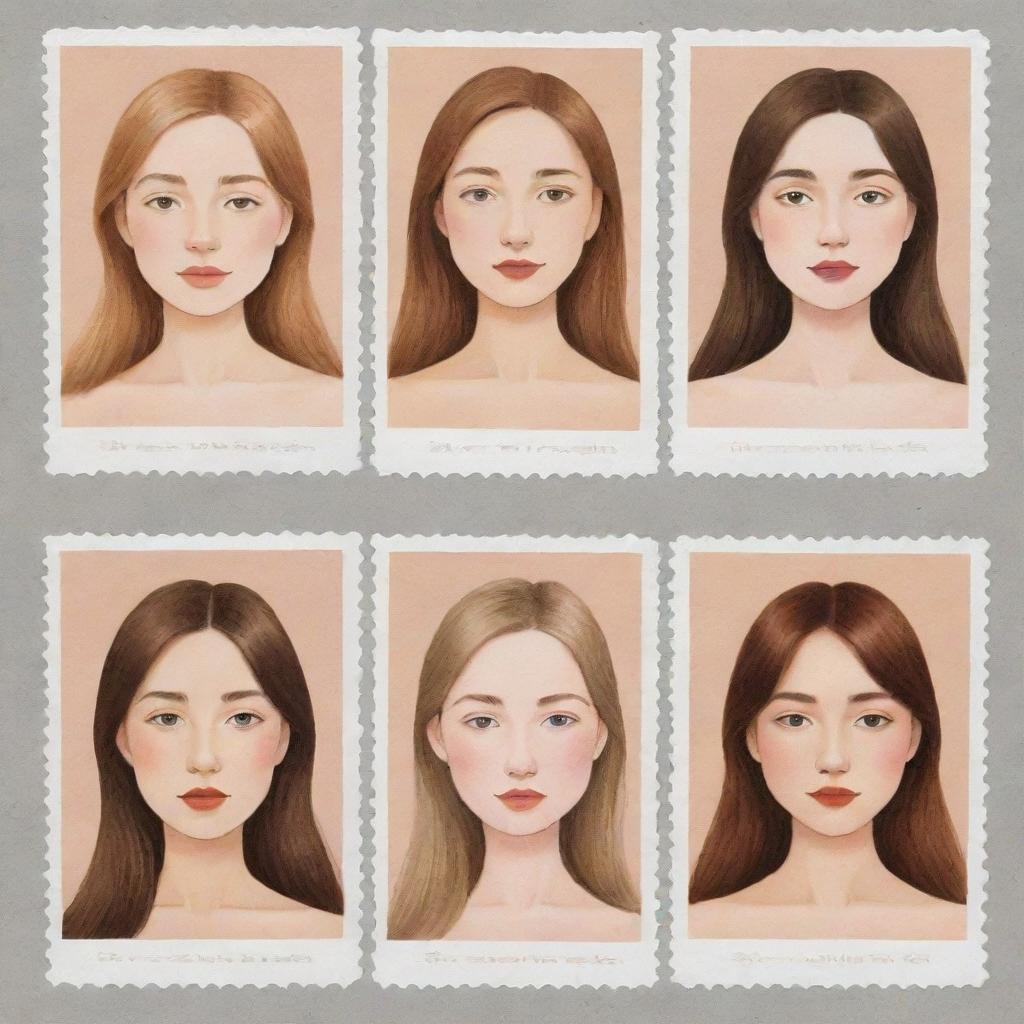 Produce three individual illustrated portraits of girls, in the whimsical, minimalist style of Pierre Le-Tan