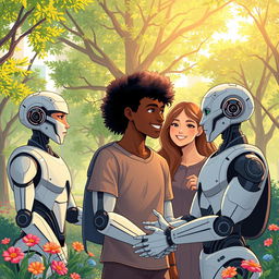 A vivid and thought-provoking illustration depicting the theme of friendship between humans and artificial intelligence