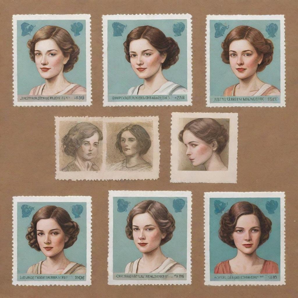 Create three individual illustrated portraits of girls on stamps, in the elegant and illustrative style of Lawrence Mynott