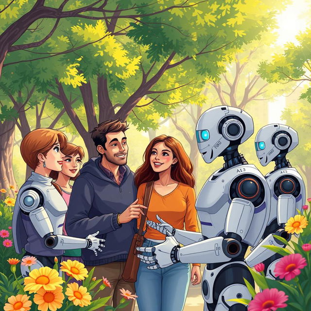 A vivid and thought-provoking illustration depicting the theme of friendship between humans and artificial intelligence