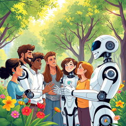 A vivid and thought-provoking illustration depicting the theme of friendship between humans and artificial intelligence