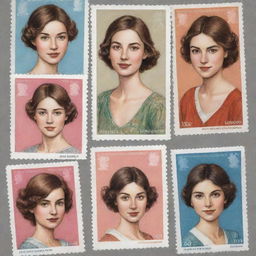 Create three individual illustrated portraits of girls on stamps, in the elegant and illustrative style of Lawrence Mynott