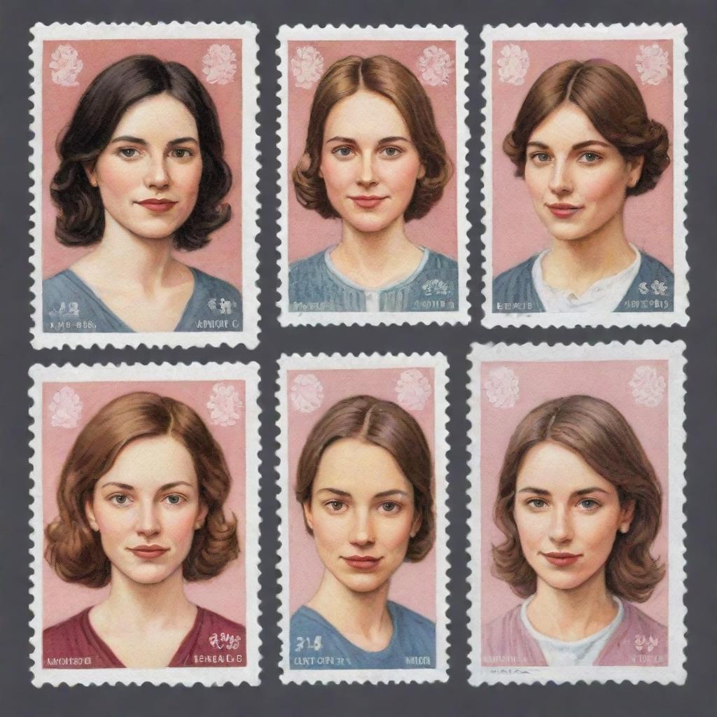 Create three individual illustrated portraits of girls on stamps, in the elegant and illustrative style of Lawrence Mynott