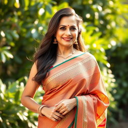 A stunning woman in her 40s, confidently wearing a beautiful, intricately designed saree that showcases rich colors and elegant patterns