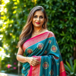 A stunning woman in her 40s, confidently wearing a beautiful, intricately designed saree that showcases rich colors and elegant patterns