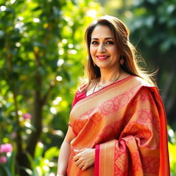 A stunning woman in her 40s, confidently wearing a beautiful, intricately designed saree that showcases rich colors and elegant patterns