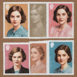 Create three individual illustrated portraits of girls on stamps, in the elegant and illustrative style of Lawrence Mynott