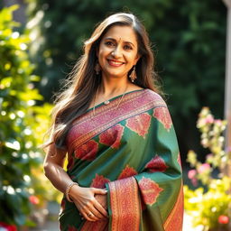 A stunning woman in her 40s, confidently wearing a beautiful, intricately designed saree that showcases rich colors and elegant patterns