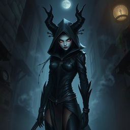 A mysterious changeling assassin cloaked in shadows, with an ethereal and fluid appearance, able to shift and blend into surroundings