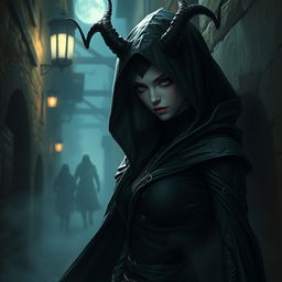 A mysterious changeling assassin cloaked in shadows, with an ethereal and fluid appearance, able to shift and blend into surroundings