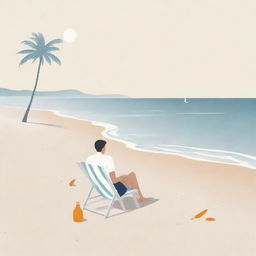 Create an illustration of a man enjoying a beach setting, drawn in the whimsical, minimalist style of Pierre Le-Tan.