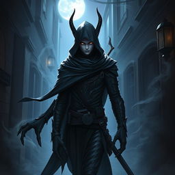 A male changeling assassin cloaked in shadows, showcasing a fluid and shifting form with an ethereal quality