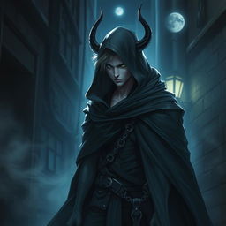 A male changeling assassin cloaked in shadows, showcasing a fluid and shifting form with an ethereal quality