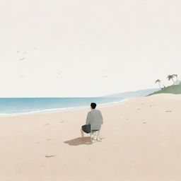 Create an illustration of a man enjoying a beach setting, drawn in the whimsical, minimalist style of Pierre Le-Tan.