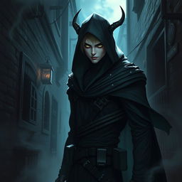 A male changeling assassin cloaked in shadows, showcasing a fluid and shifting form with an ethereal quality