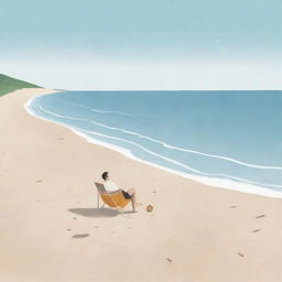 Create an illustration of a man enjoying a beach setting, drawn in the whimsical, minimalist style of Pierre Le-Tan.