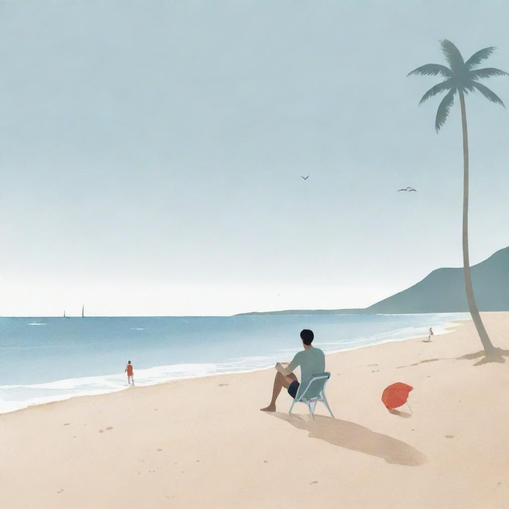 Create an illustration of a man enjoying a beach setting, drawn in the whimsical, minimalist style of Pierre Le-Tan.