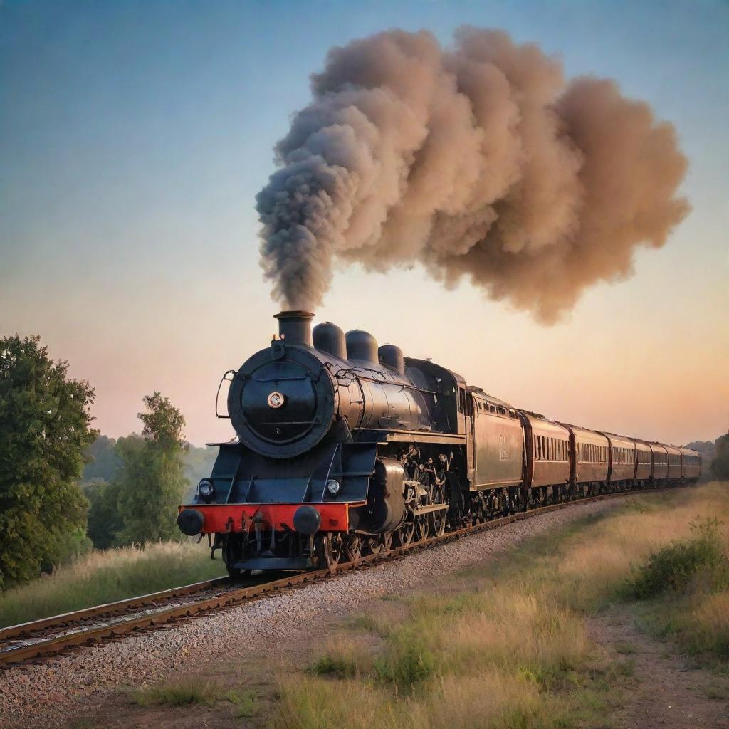 A vintage locomotive train turning, its smoke trailing behind in a picturesque arc, against the backdrop of a beautiful evening sky