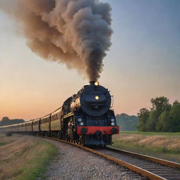 A vintage locomotive train turning, its smoke trailing behind in a picturesque arc, against the backdrop of a beautiful evening sky