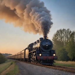 A vintage locomotive train turning, its smoke trailing behind in a picturesque arc, against the backdrop of a beautiful evening sky