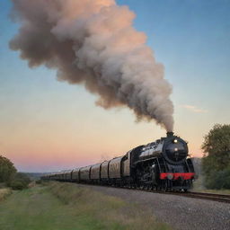 A vintage locomotive train turning, its smoke trailing behind in a picturesque arc, against the backdrop of a beautiful evening sky