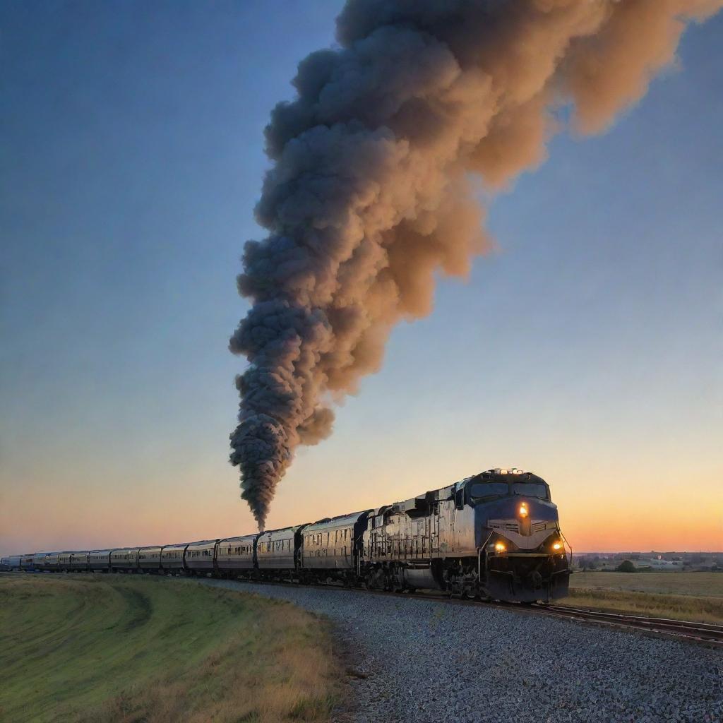 A train curved on a semi-circular track, with its smoke swirling outward in a perfect arc, against the backdrop of an exquisite evening sky