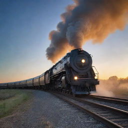 A train curved on a semi-circular track, with its smoke swirling outward in a perfect arc, against the backdrop of an exquisite evening sky